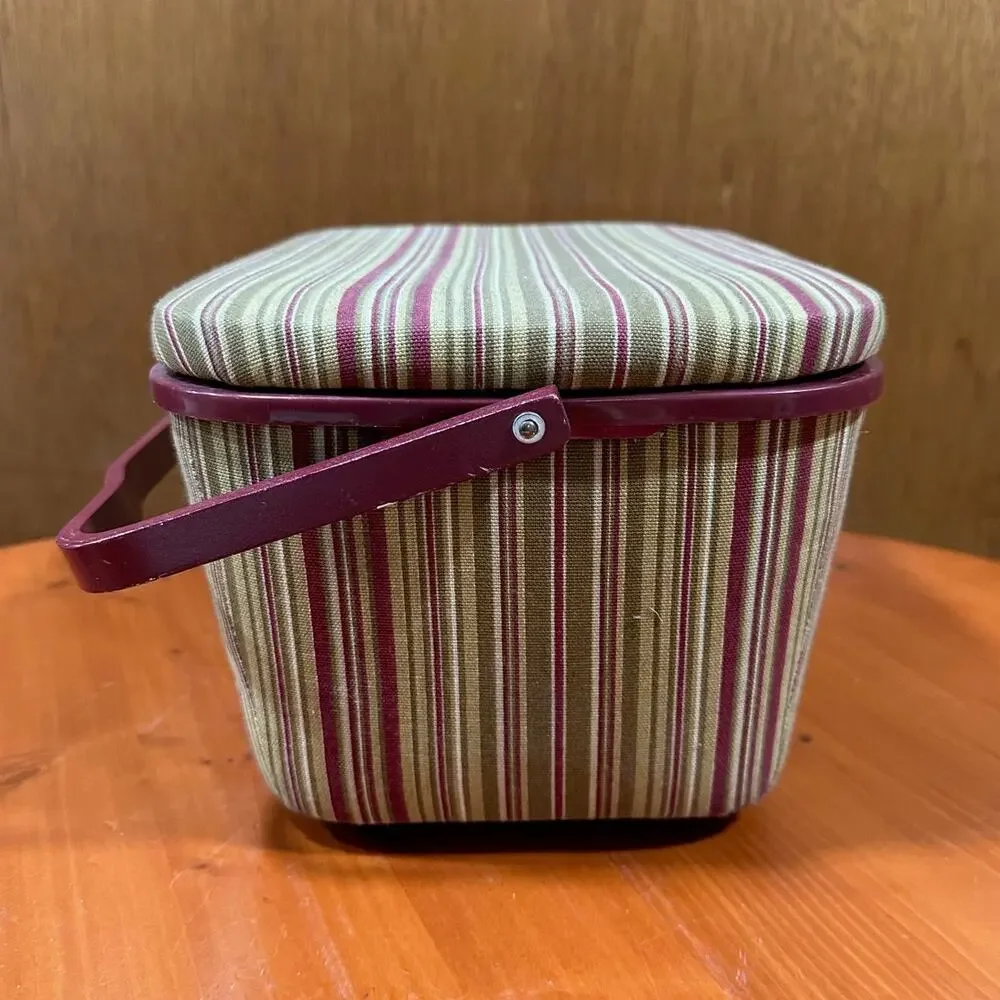 Vintage Striped Fabric Covered Sewing Box/Tote with Lining and Tray